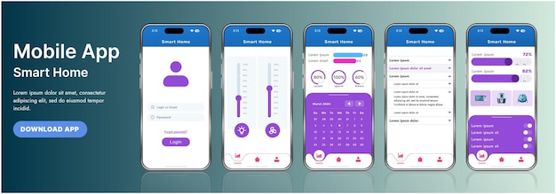 a sleek smart home application interface template featuring modern icons and a gradient design includes navigation menus for managing devices monitoring security controlling temperature
