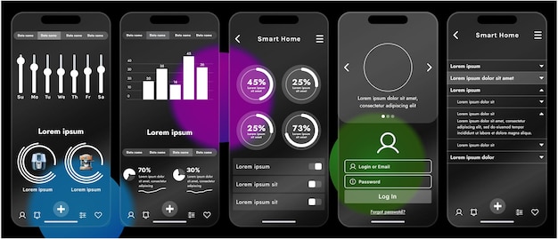 スマートフォンで表示されるスマートホームアプリのインターフェースのスムーズなベクトルイラスト
