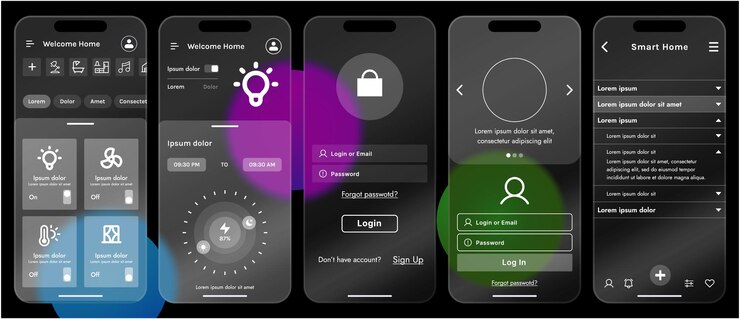 Vector sleek vector illustration of a smart home app interface displayed on a smartphone