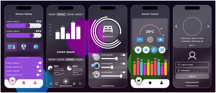 Vector sleek vector illustration of a smart home app interface displayed on a smartphone