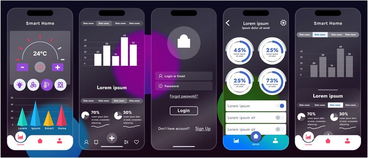 Vector sleek vector illustration of a smart home app interface displayed on a smartphone