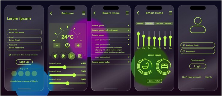 Vector sleek vector illustration of a smart home app interface displayed on a smartphone