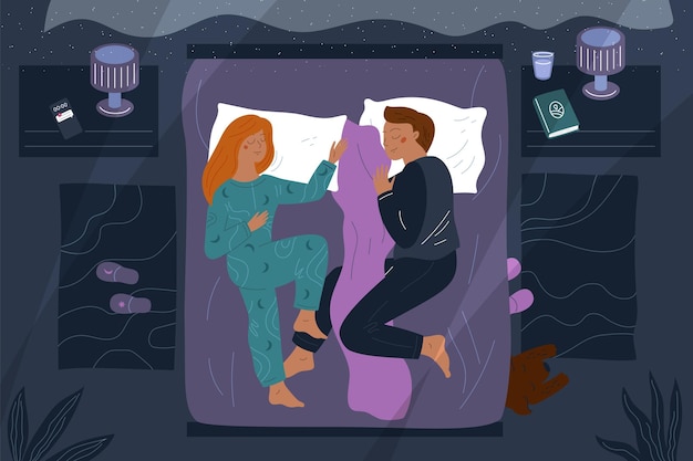 Vector sleep in bed couple night sweet dream guy and girl sleeping in dark room nighttime rest top view people in bedroom young family in nightwear lying on mattress garish vector concept