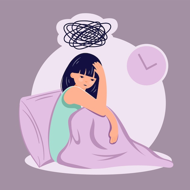 Vector sleep disorder concepr female person suffer from insomnia flat ilustration