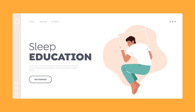 Sleep education landing page template tired man embryo sleeping pose with hand under pillow top view