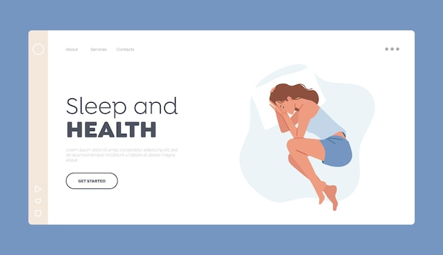 Шаблон целевой страницы "Сон и здоровье" Мирный женский персонаж в пижаме Сон или дремота на подушке в позе эмбриона