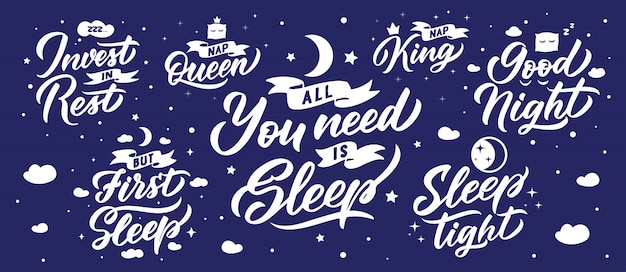 Sleep lettering phrases collection. handwritten compositions
