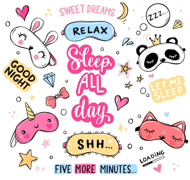 Sleep masks and quotes vector set. lettering phrases good night, sweet dreams, sleep all day isolated.