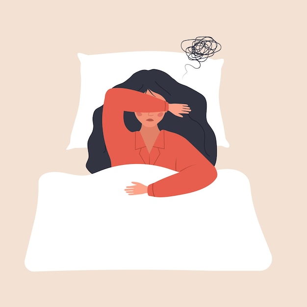 Vector sleep problems tired and upset woman lying in bed