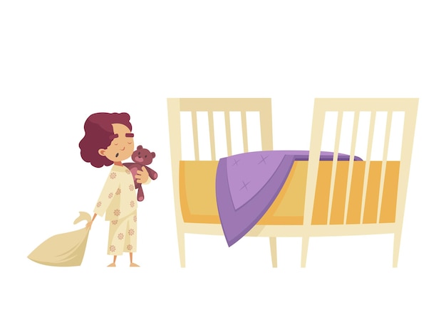 Вектор Композиция времени сна с изображением детской кроватки с пробужденным ребенком, держащим плюшевого мишку на плоской изолированной векторной иллюстрации