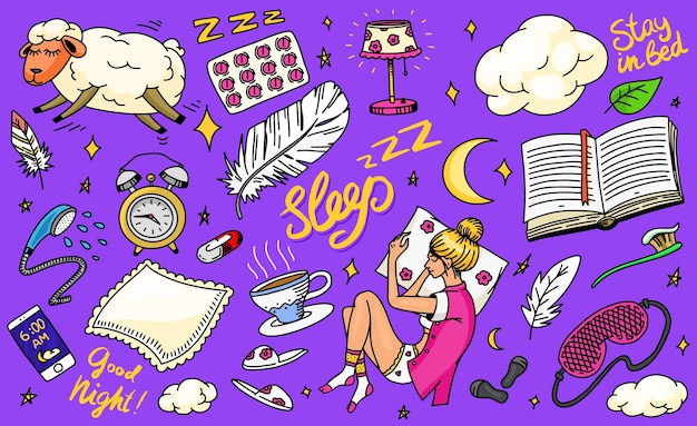 Sleep time concept hand drawn night background sheep pillow girl in dream in bed clouds and feather clock nightie moon and tea set of doodle icons signs vintage sketch