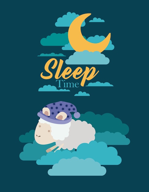 Vector sleep time with sheeps in the clouds