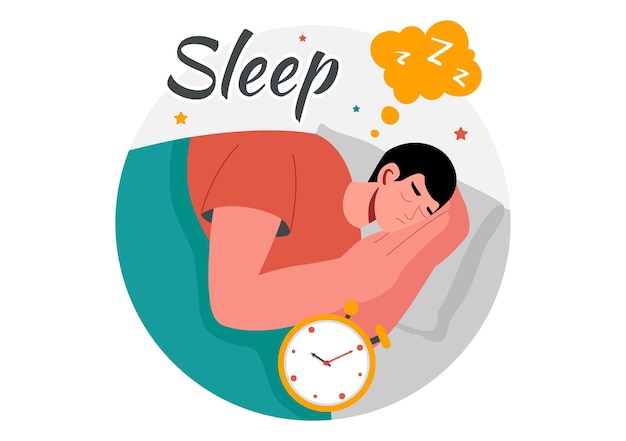 sleep vector illustration of a happy young person soundly sleeping and enjoying sweet dreams in a healthcare flat style cartoon background