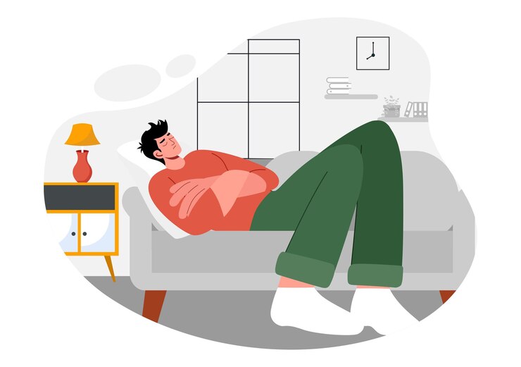 Vector sleep vector illustration of a happy young person soundly sleeping and enjoying sweet dreams in a healthcare flat style cartoon background