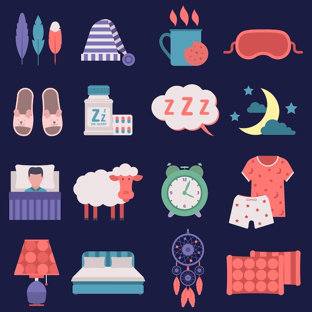 Sleep vector nignt time related vector icons set button human clock sleep icons hostel bedding relaxation. bedroom art lifestyle healthy nap sleep icons nightlife dreamcatcher collection.