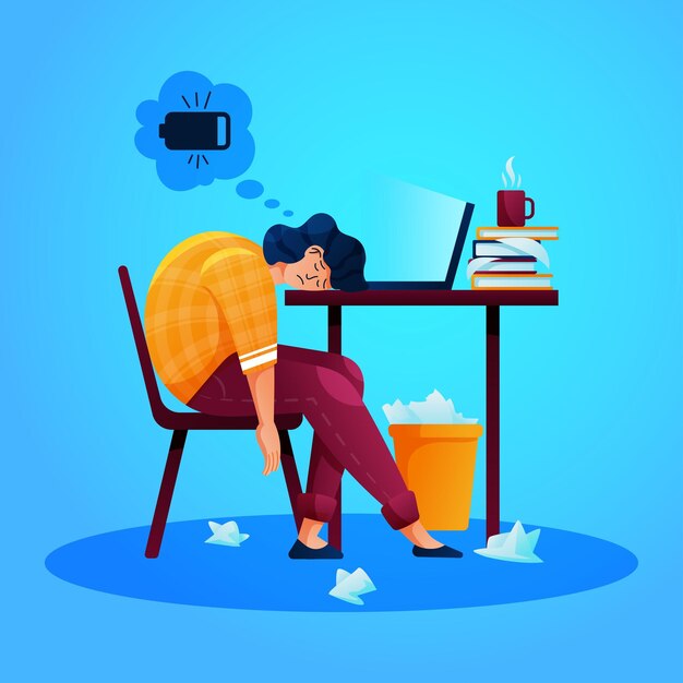 Vector sleep on workplace tired man asleep at computer by stress in home or office exhausted employee sitting at table worker with low battery energy guy slumbering at desk vector overwork