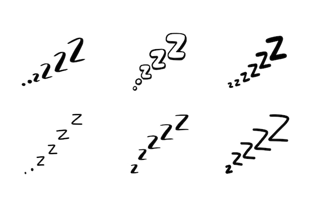 수면 zzzz 낙서 기호 집합입니다. 졸린 꿈 아이콘입니다. 낙서 만화 스케치 스타일 벡터 일러스트 레이 션.