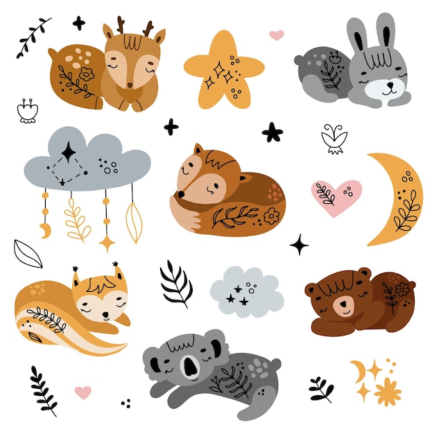 Sleeping baby animals Cute Scandinavian doodles Hand drawn vector illustration for textile surface design