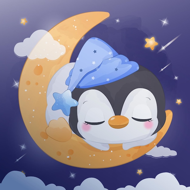 Vector sleeping baby penguin in watercolor illustration