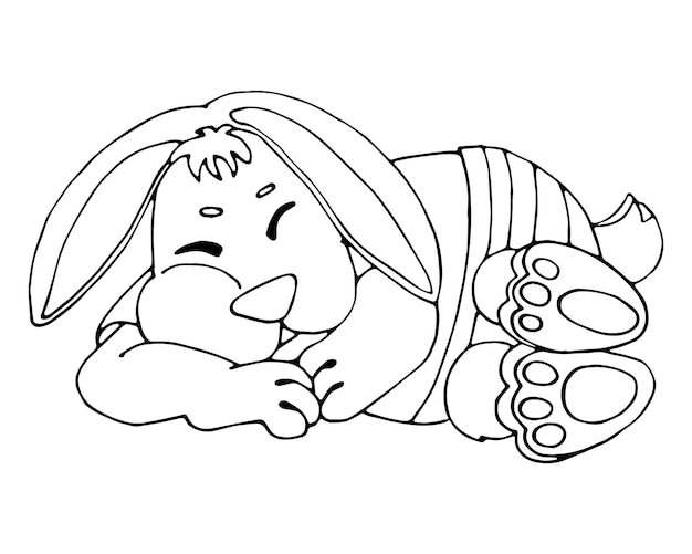 Sleeping baby rabbit linear black and white image coloring page