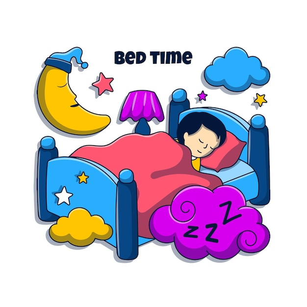 Sleeping badtime doodle illustration with colored hand drawn style