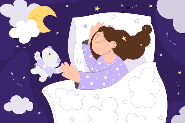 眠っている美しい少女とかわいいテディベアのベッドで眠っている女性ベクトル画像