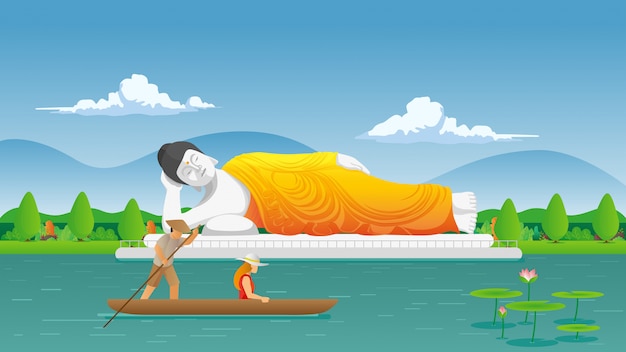 Sleeping buddha statue with tourist riding traditional boat