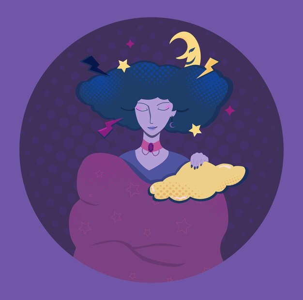 Спящая мультипликационная девушка с облаками фиолетовый вектор illuctration