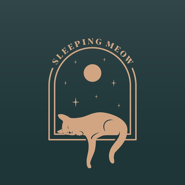 Sleeping cat abstract vector logo template Laying cat silhouette on the night arch window with moon and stars in the sky background Isolated