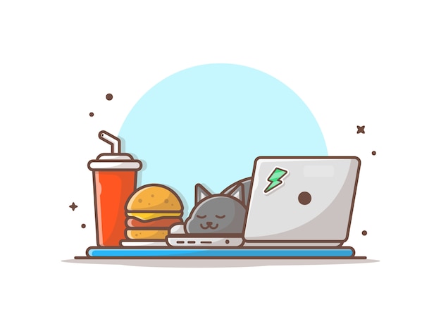 Sleeping cat on laptop with burger and soda illustration