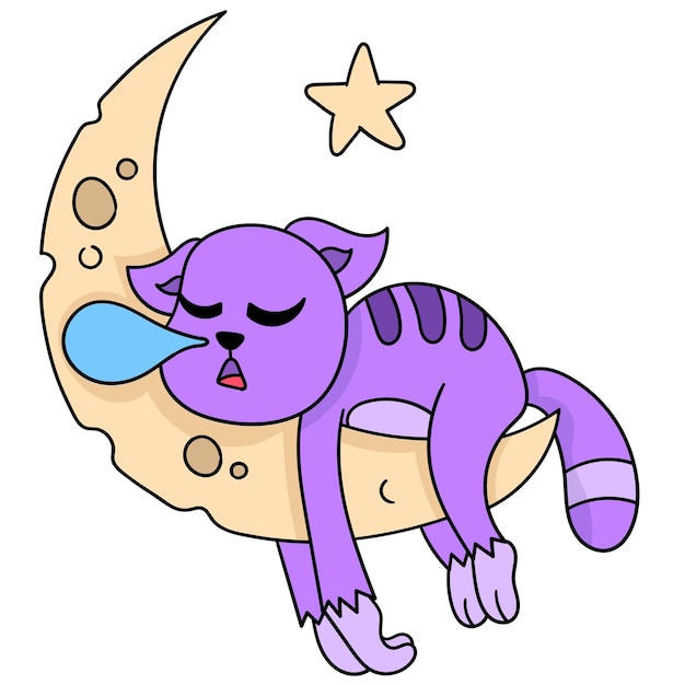 A sleeping cat snoring in the crescent moon space, vector illustration art. doodle icon image kawaii.