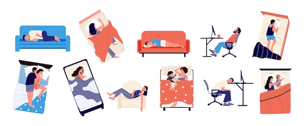眠っているキャラクター漫画の人々はさまざまな場所で眠り、ソファの上のベッドと机の上に横たわって疲れた若者と大人の人をポーズベクトルセット