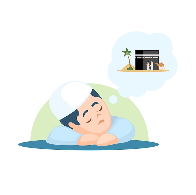 Vector sleeping child dreams of going on a pilgrimage hajj islamic tradition cartoon illustration vector