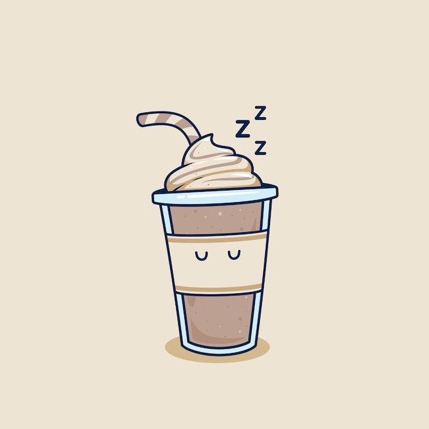 채찍 크림 토핑 삽화와 함께 테이크아웃 컵에 잠자는 초콜릿 밀크쉐이크는 플라스틱 컵 삽화 마스코트 만화 캐릭터에 잠든 프라페 커피를 떨어뜨린다
