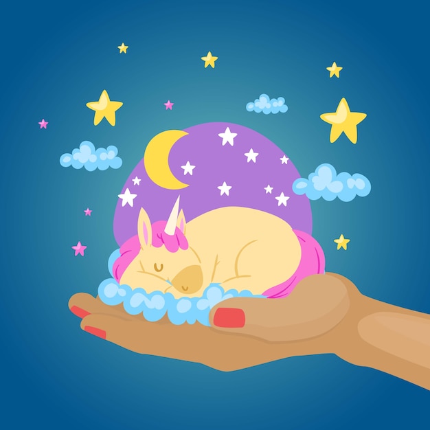 Vector sleeping colorful unicorn, fantasy magical animal fantasy world, baby s hand, cute sweet dream,    illustration. rainbow pony, beautiful fairytale fairy, mythological pegasus.