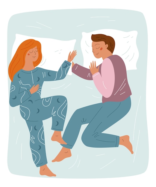 Vector sleeping couple in bed top view resting poses