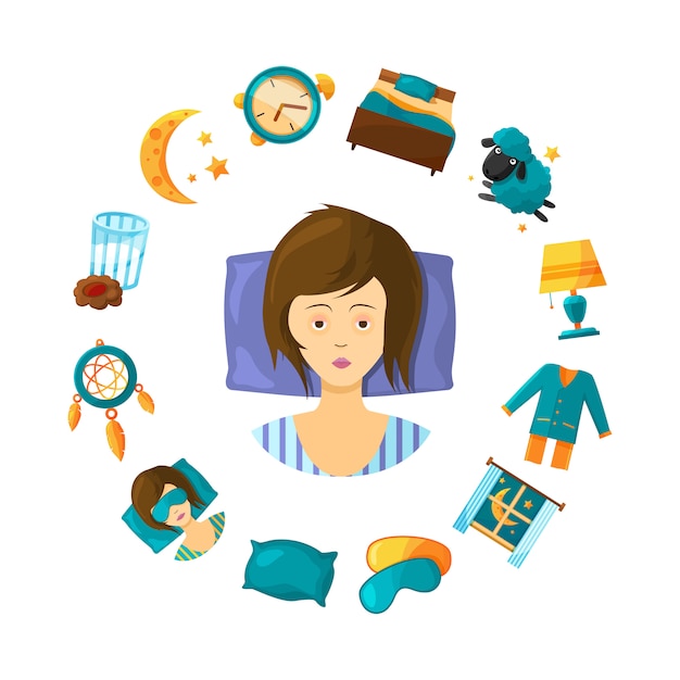 Vettore illustrazione di concetto di disturbo del sonno con elementi di sonno del fumetto intorno a persona donna non addormentata