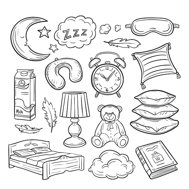 眠っている落書きセット。睡眠の枕の羽はzzzの夜の夢を見ます。就寝時手描きコレクション