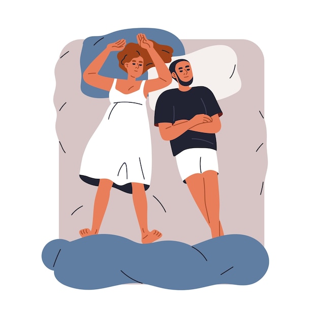 Vector sleeping dreaming couple in bed top view family man and woman asleep lying on backs reposing relaxing uncovered at warm hot summer night flat vector illustration isolated on white background