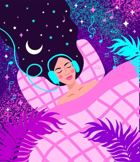 sleeping girl and music woman dreaming in night sky and stars vector illustration