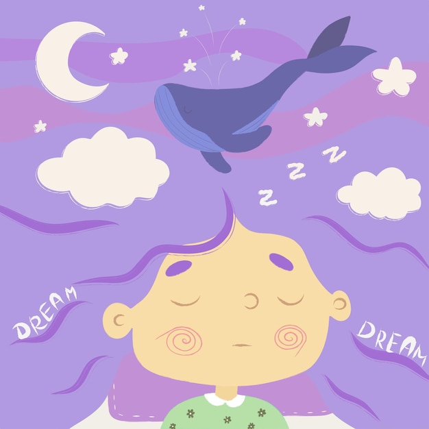 A sleeping girl with developing hair dreams fantasy dreams Dream about swimming whales Vector illustration