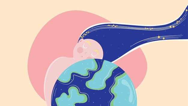 Vector a sleeping girl with long blue hair hugs the planet
