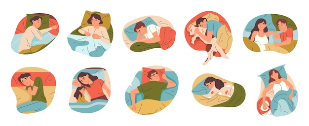 Sleeping humans cartoon people in beds resting bedtime scenes vector collection