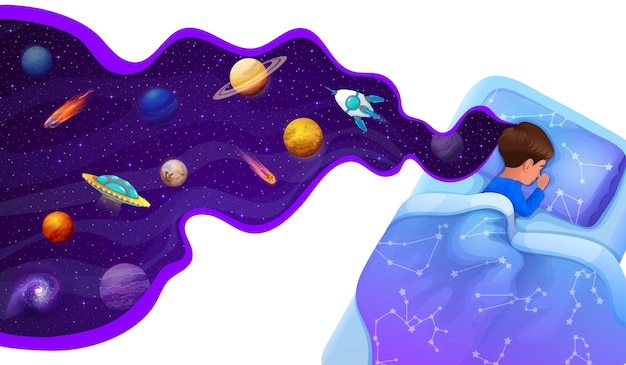 Sleeping kid in bed with galaxy space planets dream and rockets in sky vector background Boy sleep in bed with stars constellation and dreaming of spaceship and alien UFO in galactic fantasy world