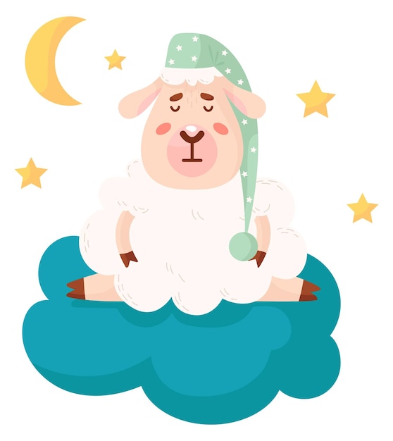 구름 위에서 자고 있는 양고기 흰색 배경에 고립된 아이 nursert 꿈 마스코트