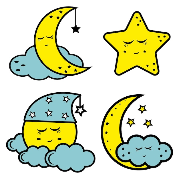 Sleeping Moon on a cloud set color vector illustration in cartoon style