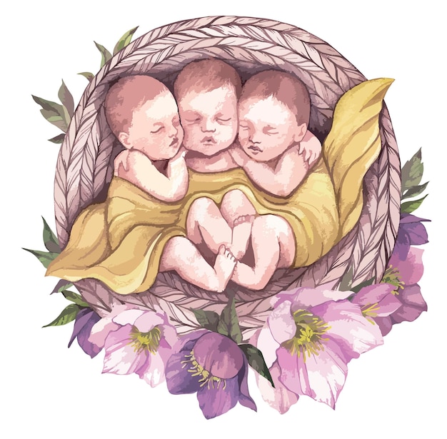 Sleeping newborn triplets, twins baby in flowers. baby shower boho watercolor clipart