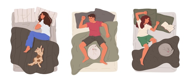 Sleeping people Man and woman resting in bed with cats napping characters and cute pets flat vector illustration set Male and female person sleeping in cozy bed