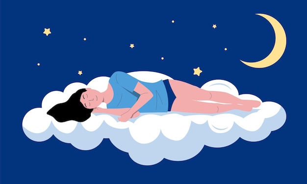 Sleeping person illustration Cartoon sleeping and dreaming young girl flying in night sky insomnia or sleep well concept Vector sleeping woman character background