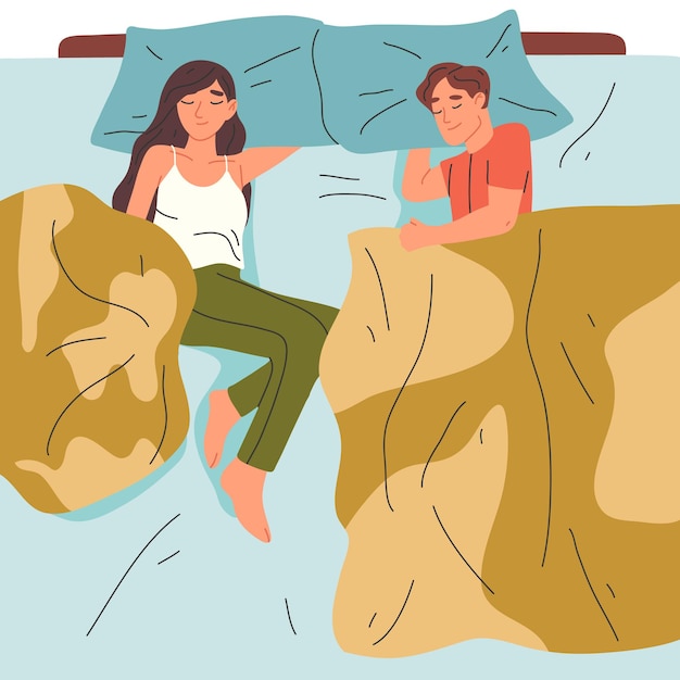 Vector sleeping resting couple people lying in bed tired asleep characters in bed isolated flat vector illustration